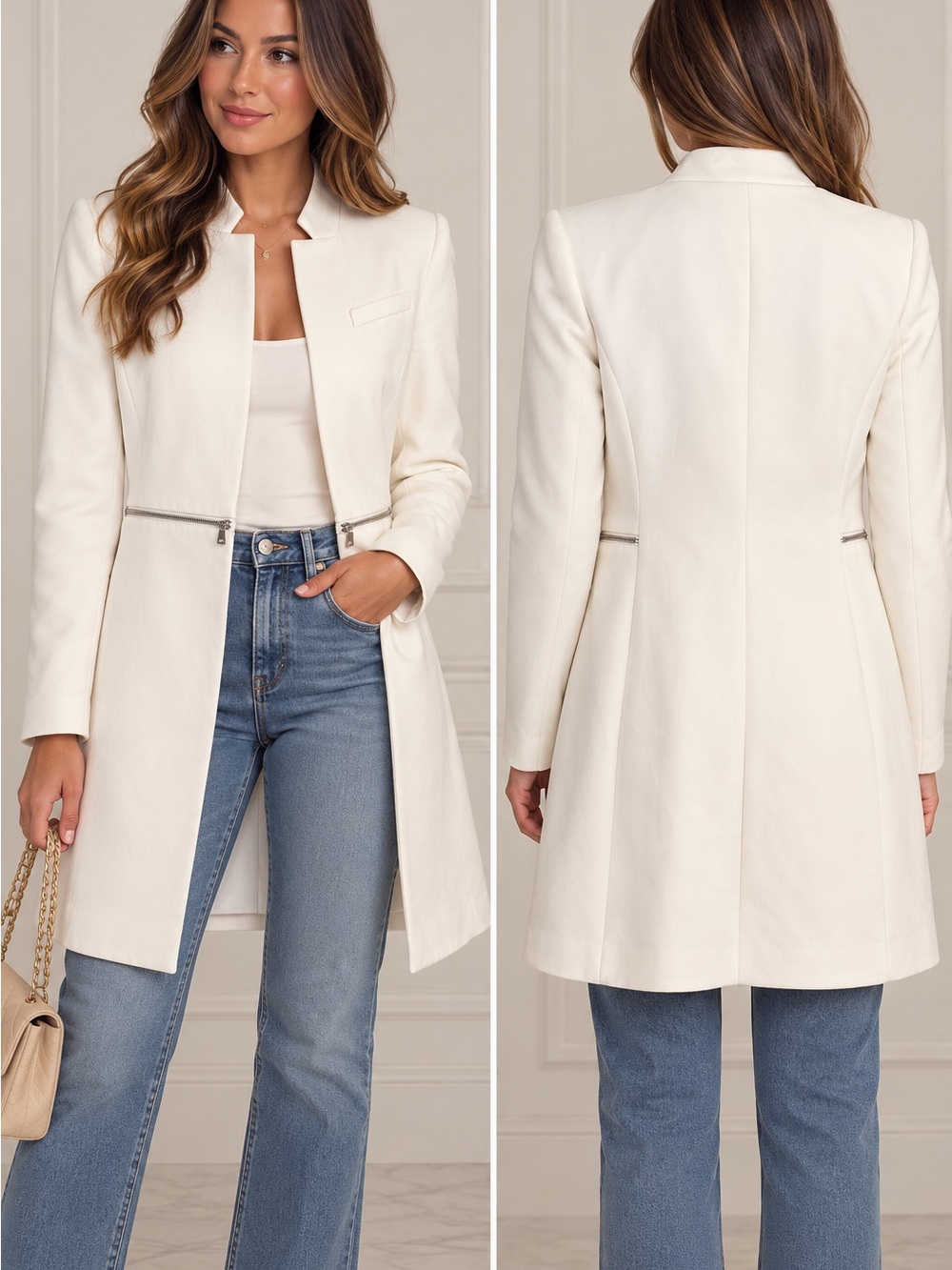 BCBGMaxAzria Cream Collarless Long Trench Coat